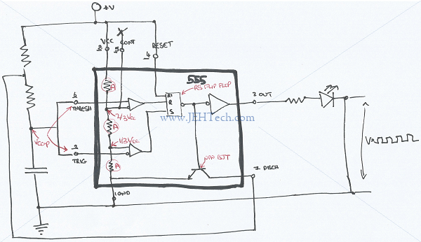 Picture of 555 astable vibrator with internals representation of 555 shown