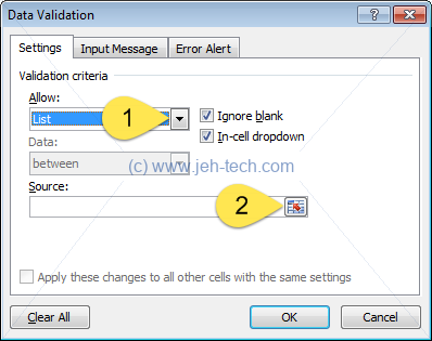 Screenshot of Excel spreadsheet Data Validation Dialog Window