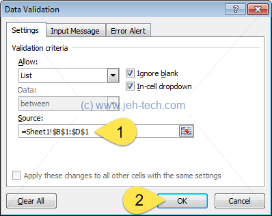 Screenshot of Excel spreadsheet Data Validation Dialog Window