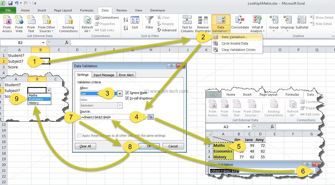 Screenshot of Excel spreadsheet summarising creating dropdown list