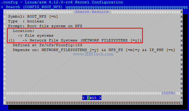 Screenshot of Linux menuconfig search results for CONFIG_ROOT_NFS