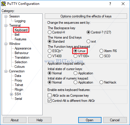 Screenshot of Putty terminal type configuration for Linux