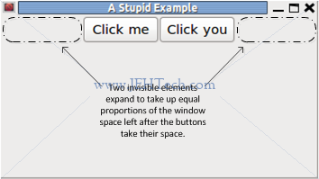 Image of wxPython window using a basic wx.BoxSizer to align two wx.Button objects in the centre of the window using two stretch spacers - AddStretchSpacer()