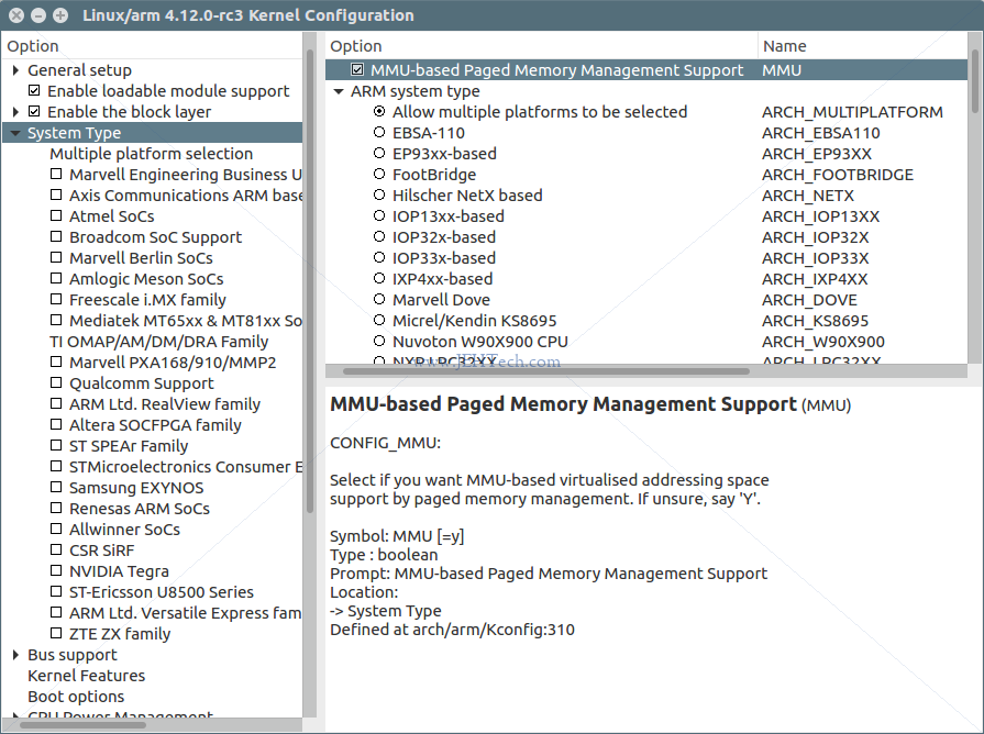 Screen shot of kernel configuraton tool xconfig